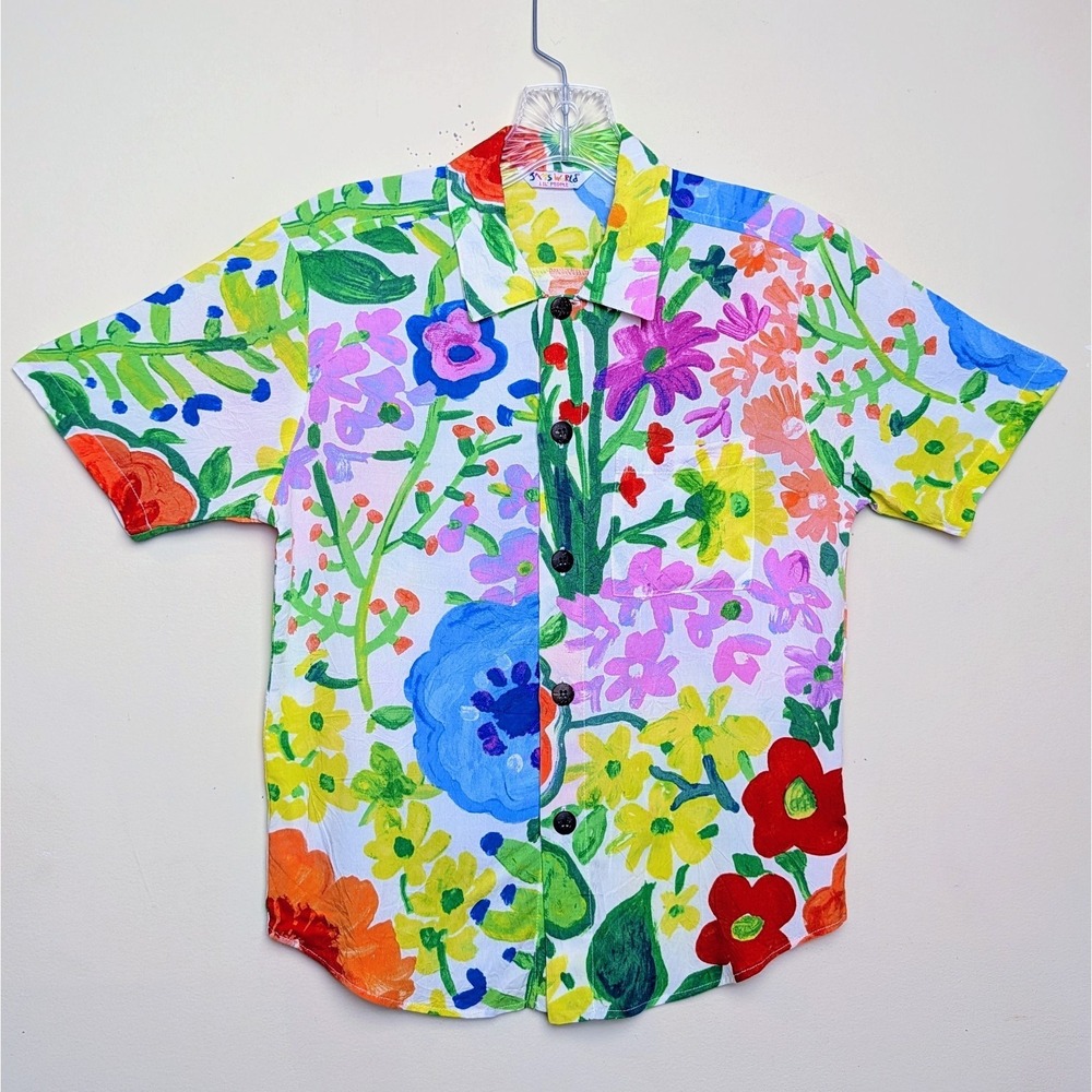 Jams World May Flowers Aloha Hawaiian Rayon Camp Button Up Shirt Youth Small